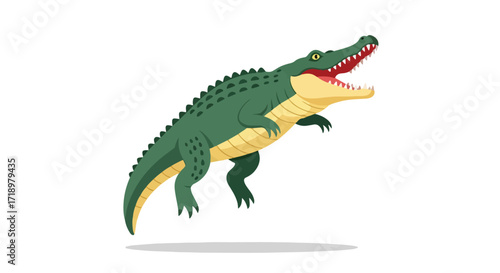 Illustrative rendering of a cartoon alligator poised for a strike highlighting its sharp teeth and textured skin with vivid green colors in a