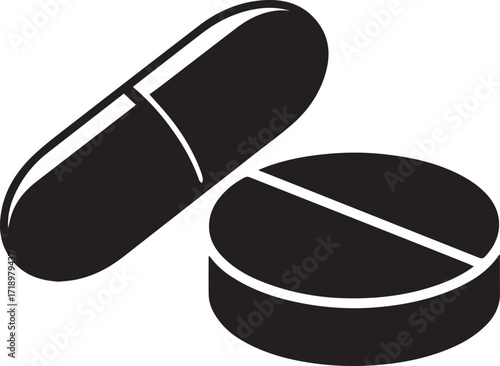 Capsule and pill medicine silhouette vector, black and white silhouette vector illustration