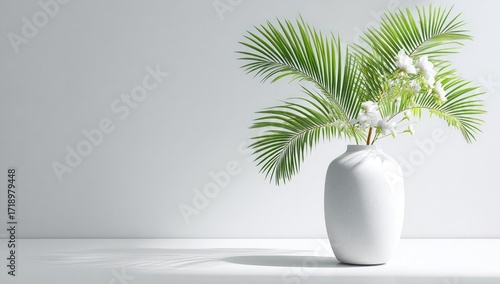 White vase with palm fronds and white flowers against a light gray background