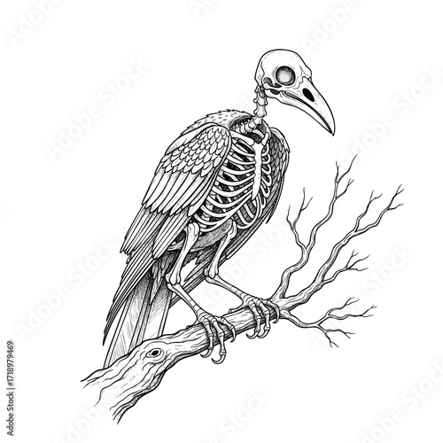 A detailed black and white illustration of a skeletal raven with feathers perched on a gnarled branch.