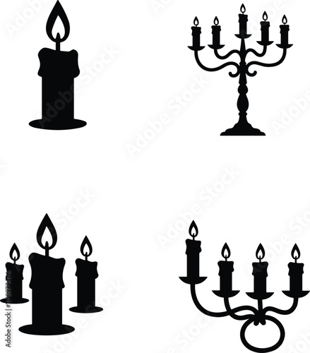 Collection of silhouette candle icons for decorative use featuring single candles and candelabras