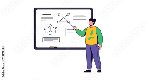 Illustration of a facilitator explaining diagrammatic relationships with a pointer on a whiteboard concept design