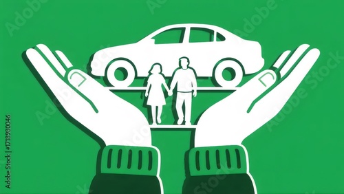車と家族を保護する緑色の背景に白い手