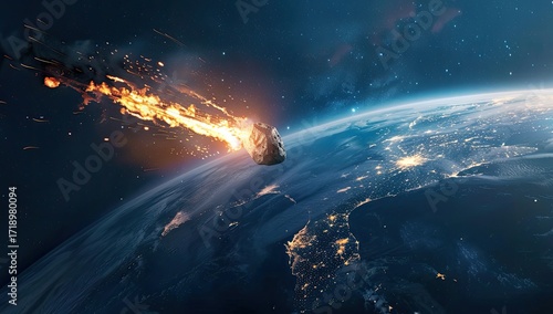 A fiery meteoroid hurtles towards Earth, leaving a blazing trail against the backdrop of a night sky illuminated by city lights and stars