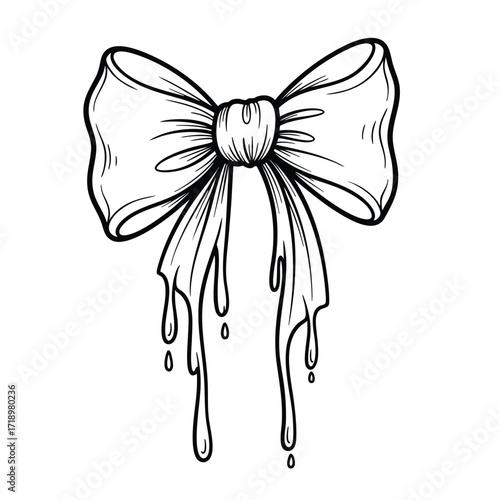 A handdrawn black and white line art illustration of a ribbon bow with melting dripping tails.