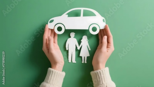 紙細工の車と家族を支える女性の手 緑背景
