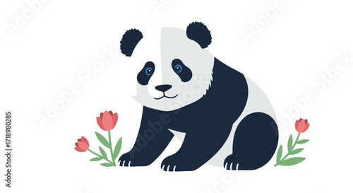 Stylized panda illustration sitting amidst vibrant spring tulips on a clean white backdrop enhancing the charm of this vector design