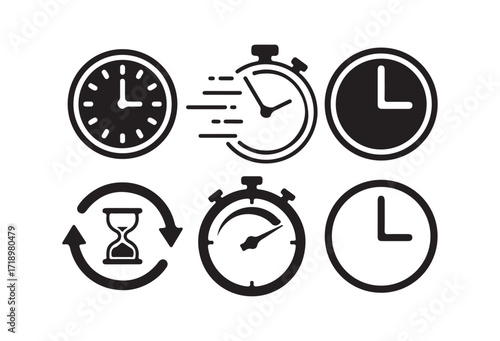 Collection of Clock and Timer Icons, Time Management Symbols, Stopwatch and Hourglass Illustrations.  Vector illustration eps 10