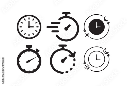 Clock and Hourglass Icons Set, Time Management and Countdown Symbols, Stopwatch and Timer icon. Vector illustration eps 10