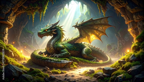 Green Dragon in Cave with Fantasy Creature, Mythical Beast, and Art.