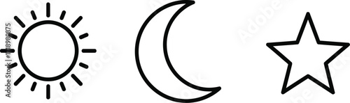 Sun, moon, and star icons in simple line art style representing celestial bodies and weather symbols