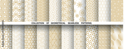 Geometric set of seamless golden and white patterns. Simple vector graphics