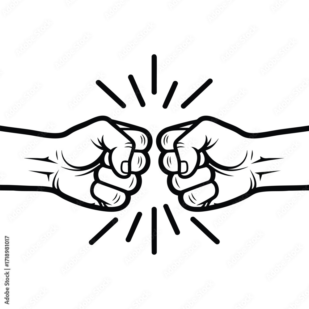 Obraz premium Black and white line art illustration of two hands making a fist bump gesture of friendship and agreement.