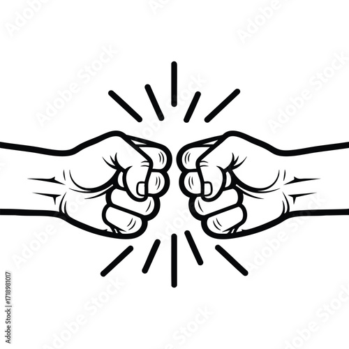 Black and white line art illustration of two hands making a fist bump gesture of friendship and agreement.