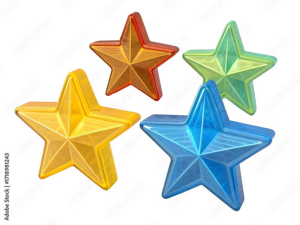 Obraz premium Four vibrant 3D star icons in blue yellow green and orange hues isolated on transparent background