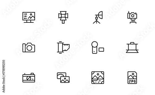 Professional Photography Line Icon Pack Featuring Modern Minimal Design for Creative Visuals and Unique Photo Concepts in Vector Format, Perfect for Digital Projects and Branding