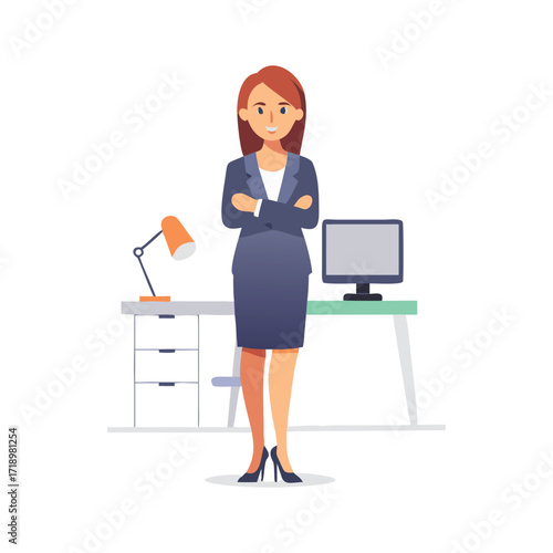 Confident businesswoman standing arms crossed professional office setting business success leadership