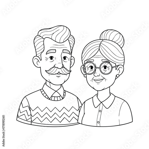 Charming black and white line art portrait of a smiling elderly couple a grandfather and grandmother.