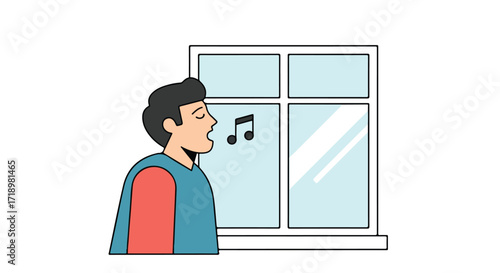 Man Singing Near a Window, Showing Musical Note in a Simple and Clean Cartoon Style Illustration