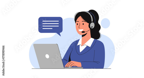 Customer service representative working on laptop with headset and speech bubble.