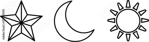 Star, crescent moon, and sun symbols in simple line art style