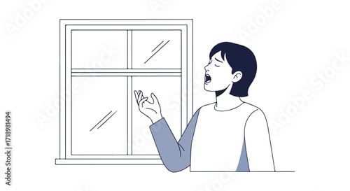 Illustration of a person singing opera by a window, conveying themes of artistic passion and expressive emotion through line art visuals