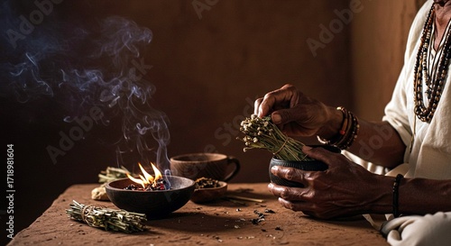 An indigenous person prepares incense from aromatic herbs in a dimly lit room, showcasing a traditional spiritual ritual with cultural significance