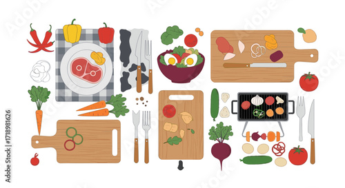 Fresh Ingredients and Cooking Utensils Arranged Artfully.