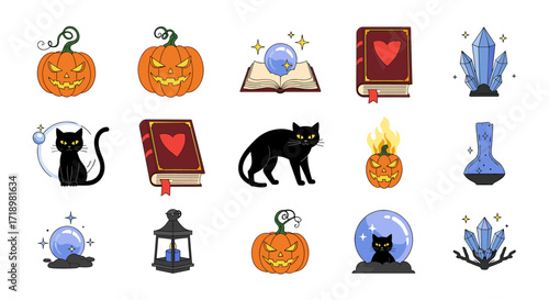 Halloween Icons Set Featuring Pumpkins Black Cats Crystals and Magic Books.
