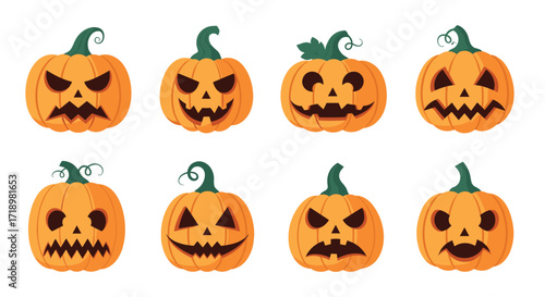 Set of eight carved Halloween pumpkins with scary faces.