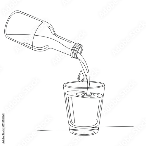 Continuous one line drawing of a bottle pouring fresh water into a glass tumbler.