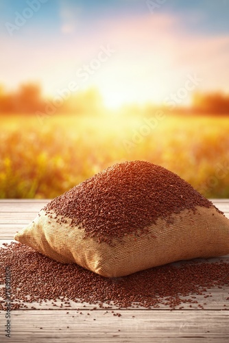 Brown Seeds In A Bag On Rustic Wooden Table Sunset Background