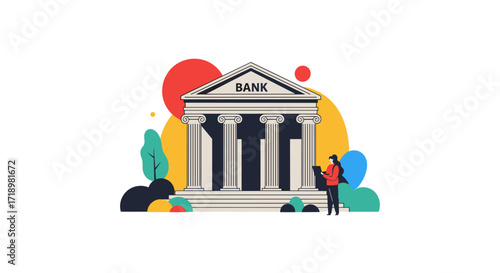 Modern Bank Building with Person and Abstract Shapes.