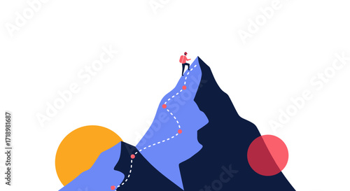 Man standing on mountain peak with sun and red circle.
