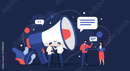 Illustration of a megaphone and people communicating ideas.