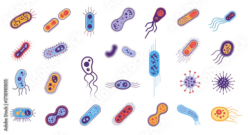Collection of Diverse Microscopic Bacteria and Viruses Illustrated.