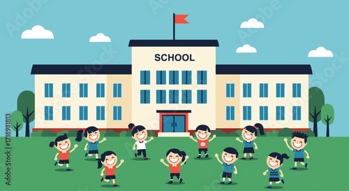 Happy Children Playing in Front of a School Building.