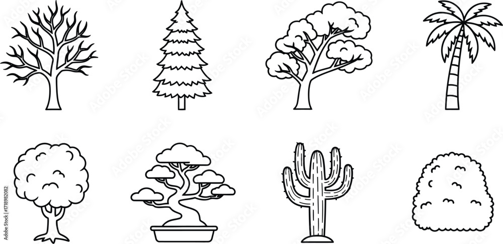 Fototapeta premium Set of eight tree outlines, including deciduous, evergreen, palm, bonsai, and cactus