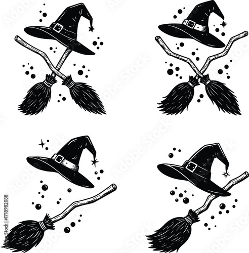 Four halloween witch hats and brooms crossed with speckled effects decorative elements
