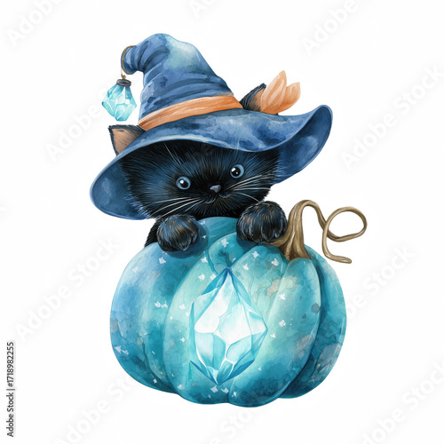 Black cat in a blue wizard hat sitting on a shimmering pumpkin with a crystal detail during autumn