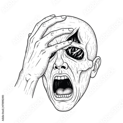 Handdrawn horror illustration of a screaming face in anguish with a hand revealing a tangled and grotesque eye socket.