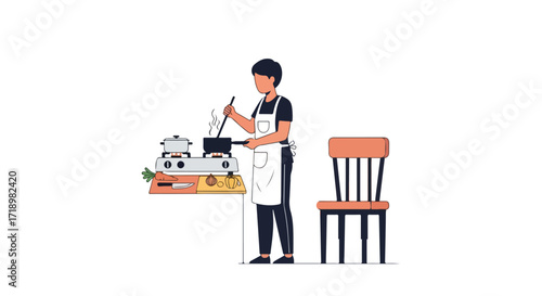 Minimalist illustration of a person cooking with a stove and pot in a kitchen setting for culinary content promotion
