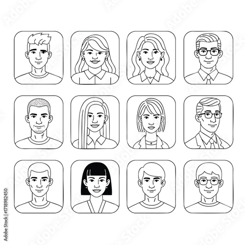 Handdrawn collection of diverse people portraits in a black and white line art style.