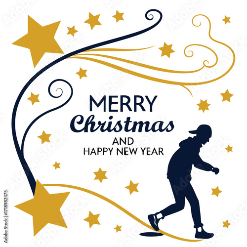 Christmas, New Year, holiday, festive, greeting card, celebration, Merry Christmas, Happy New Year, ice skater, silhouette, winter, snow, stars, swirls, motion, seasonal, illustration, vector, cartoon