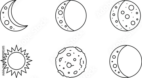 Set of moon phases and sun icons, including crescent, half moon, gibbous, full moon, and sun