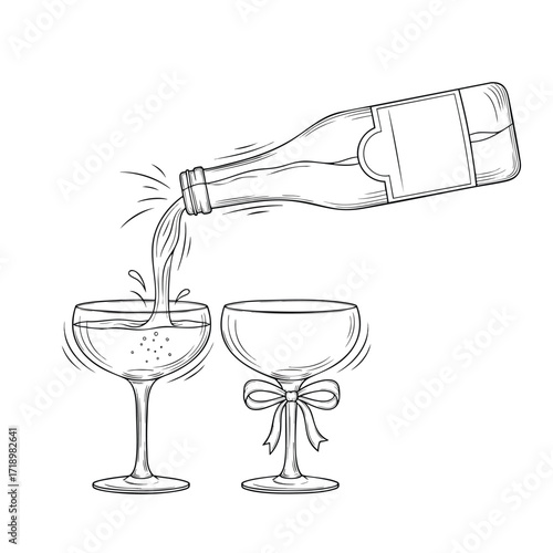 Handdrawn sketch of a champagne bottle pouring sparkling wine into an elegant coupe glass for a celebration.