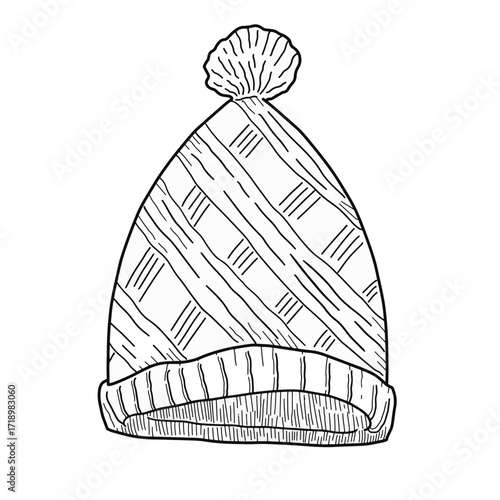Hand drawn knitted beanie doodle style vector illustration. A wooly hat in black and white line drawing