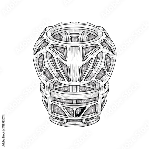 Intricate black and white line drawing of a futuristic latticestructured mechanical component.