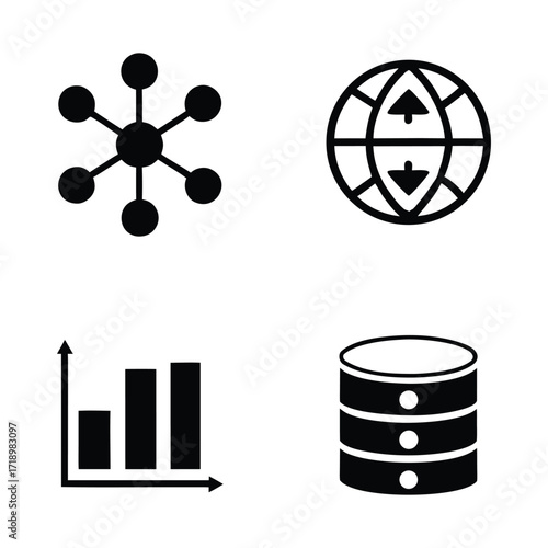 A collection of four simple black and white vector icons representing data analysis network connectivity global communication and database storage for technology and business concepts