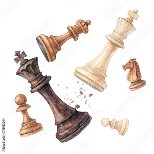 Watercolor chess pieces falling brown white isolated on a transparent background king queen